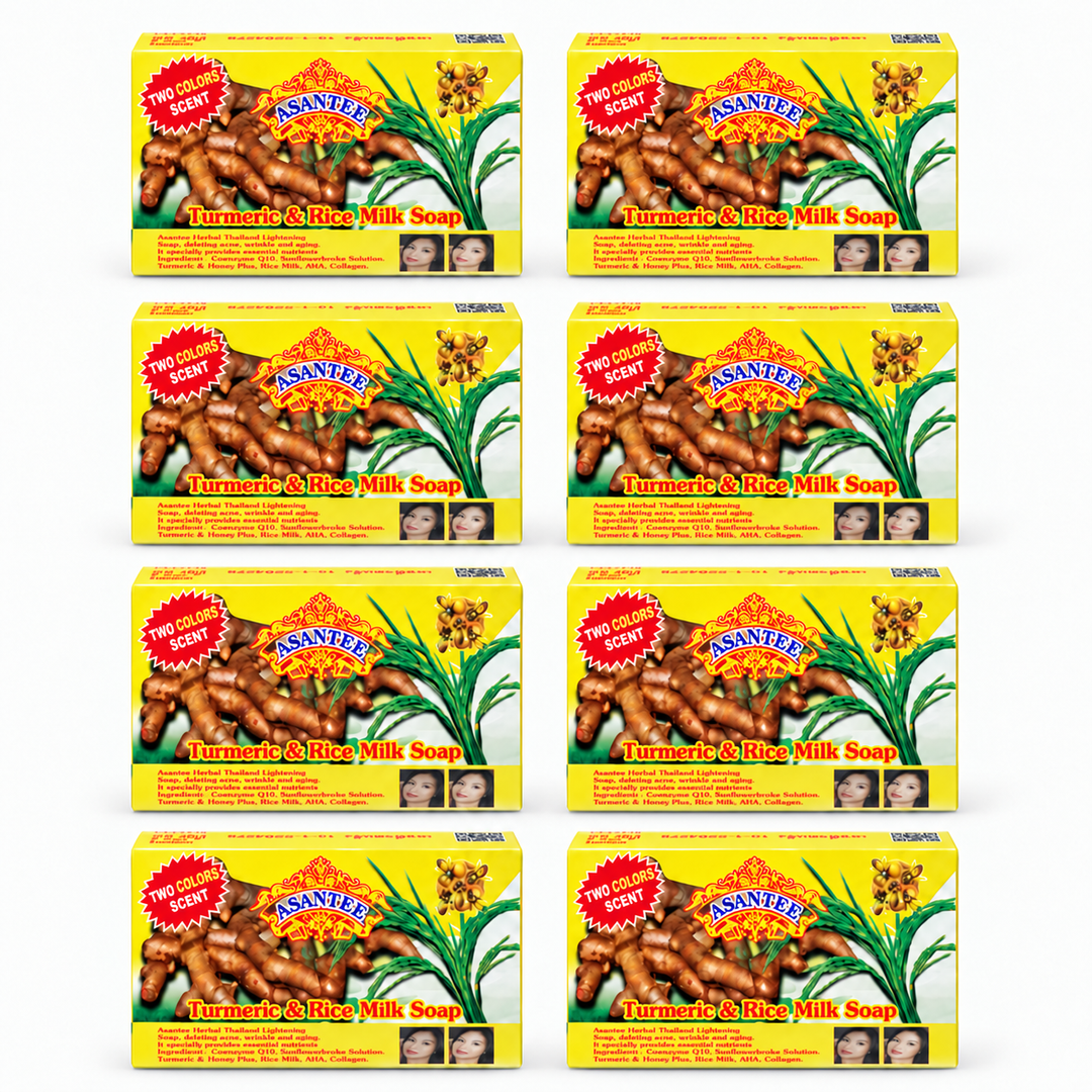 ASANTEE Turmeric & Rice Milk Soap No. 521, pack of 8 × 125 g: exactly 8 closed retail cartons; one 125 g soap bar per carton.