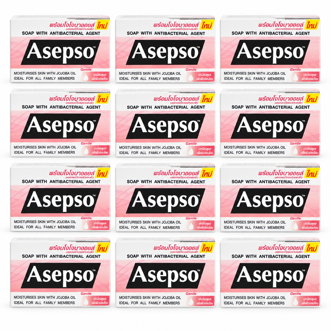 Asepso Gentle with Jojoba Oil soap 80 g, 12 individually boxed bars on a white background