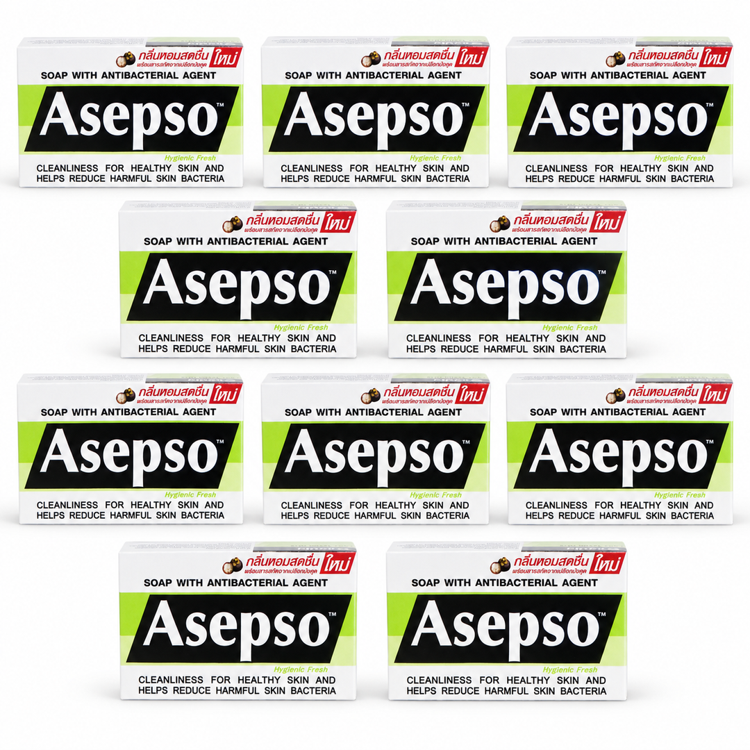 Asepso Hygienic Fresh soap 80 g, 10 individually boxed bars on a white background