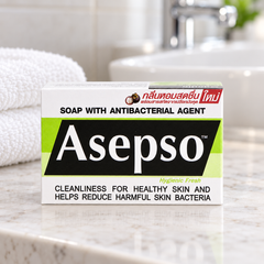 Asepso Hygienic Fresh soap, single retail carton in a bathroom setting