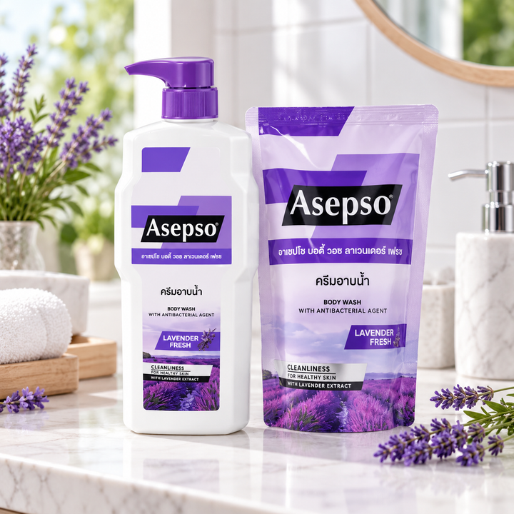 Asepso Lavender Fresh body wash set bathroom view
