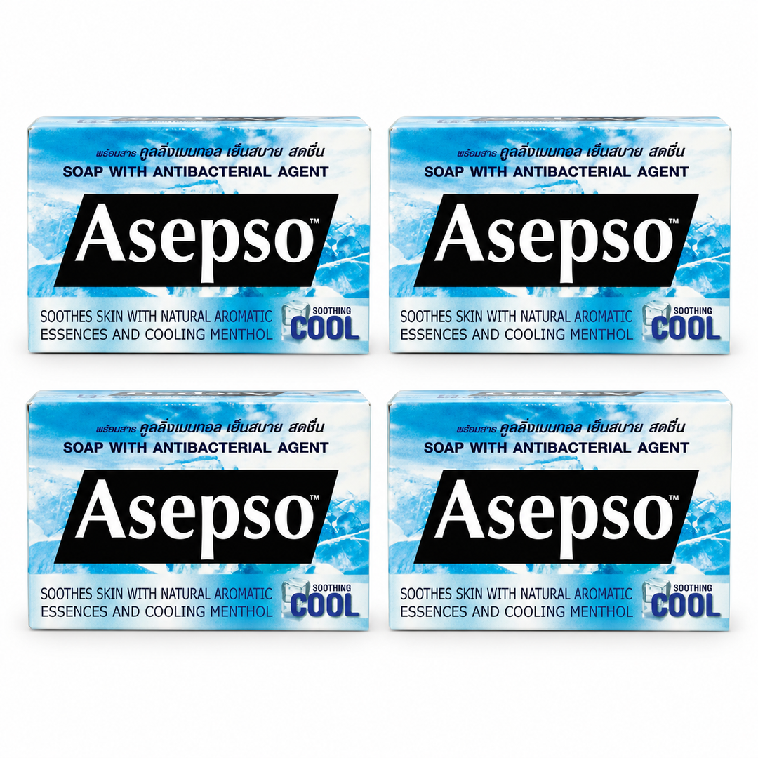 Asepso Soothing Cool soap 70 g, 4 individually boxed bars on a white background