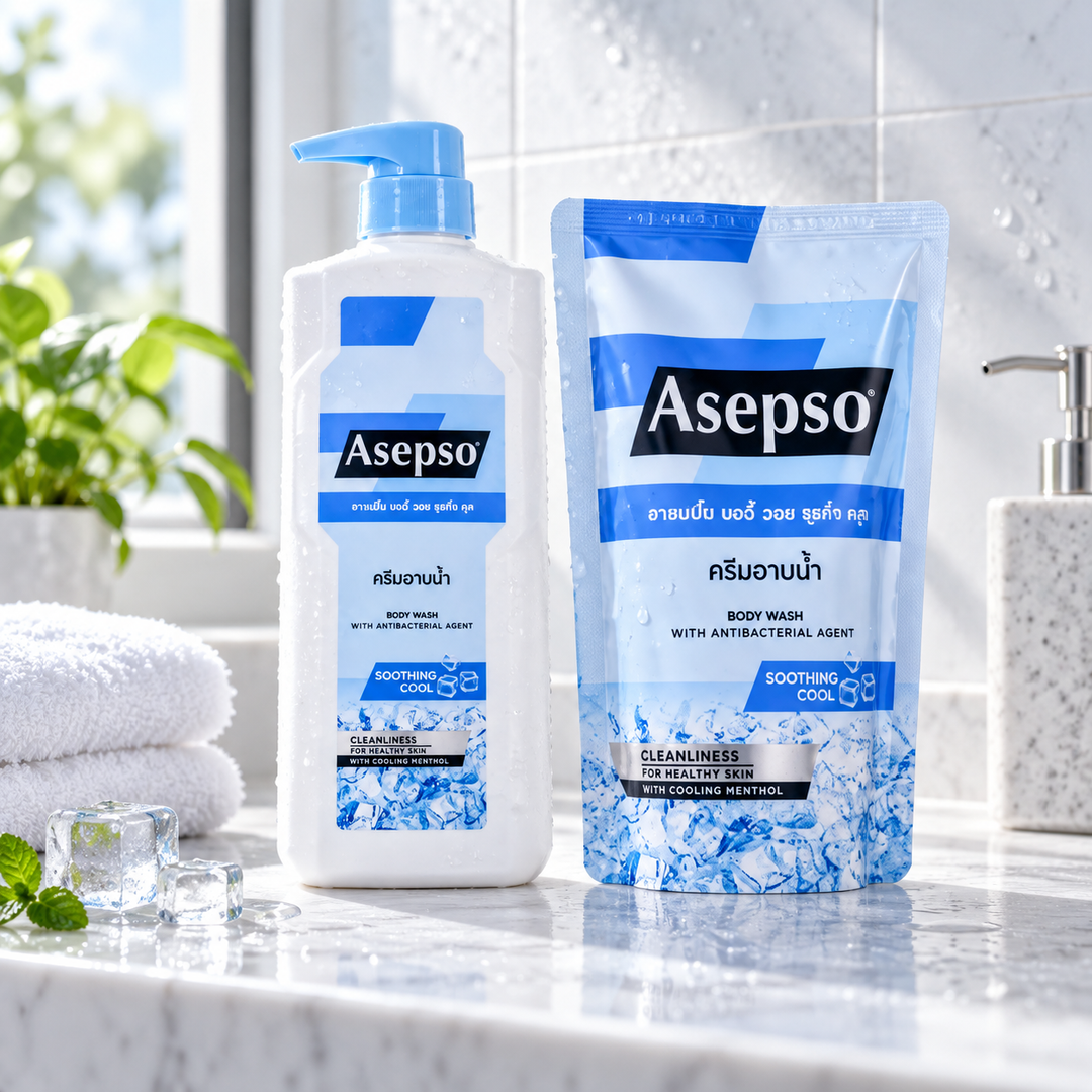 Asepso Soothing Cool body wash set bathroom view