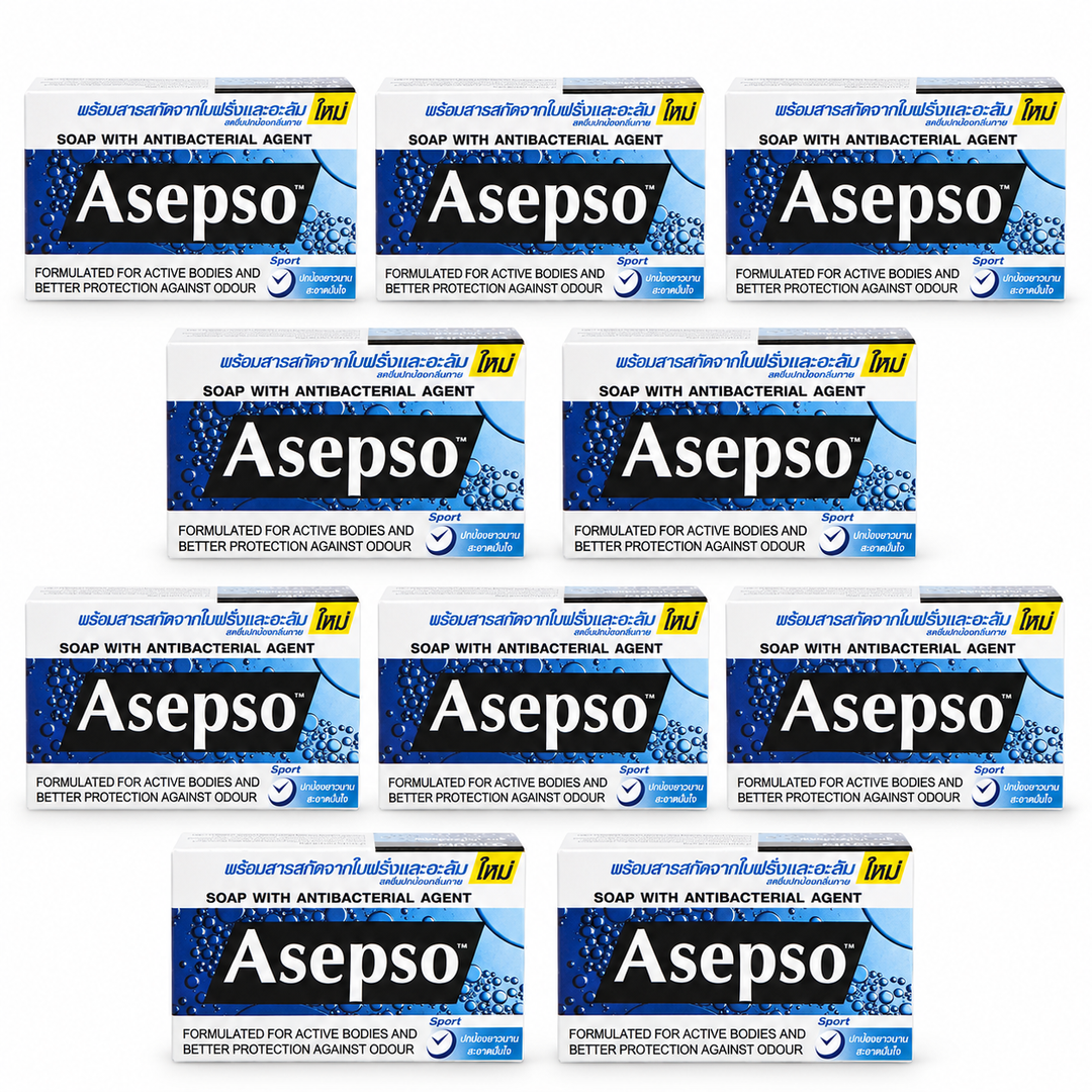 Asepso Sport soap 80 g, 10 individually boxed bars on a white background