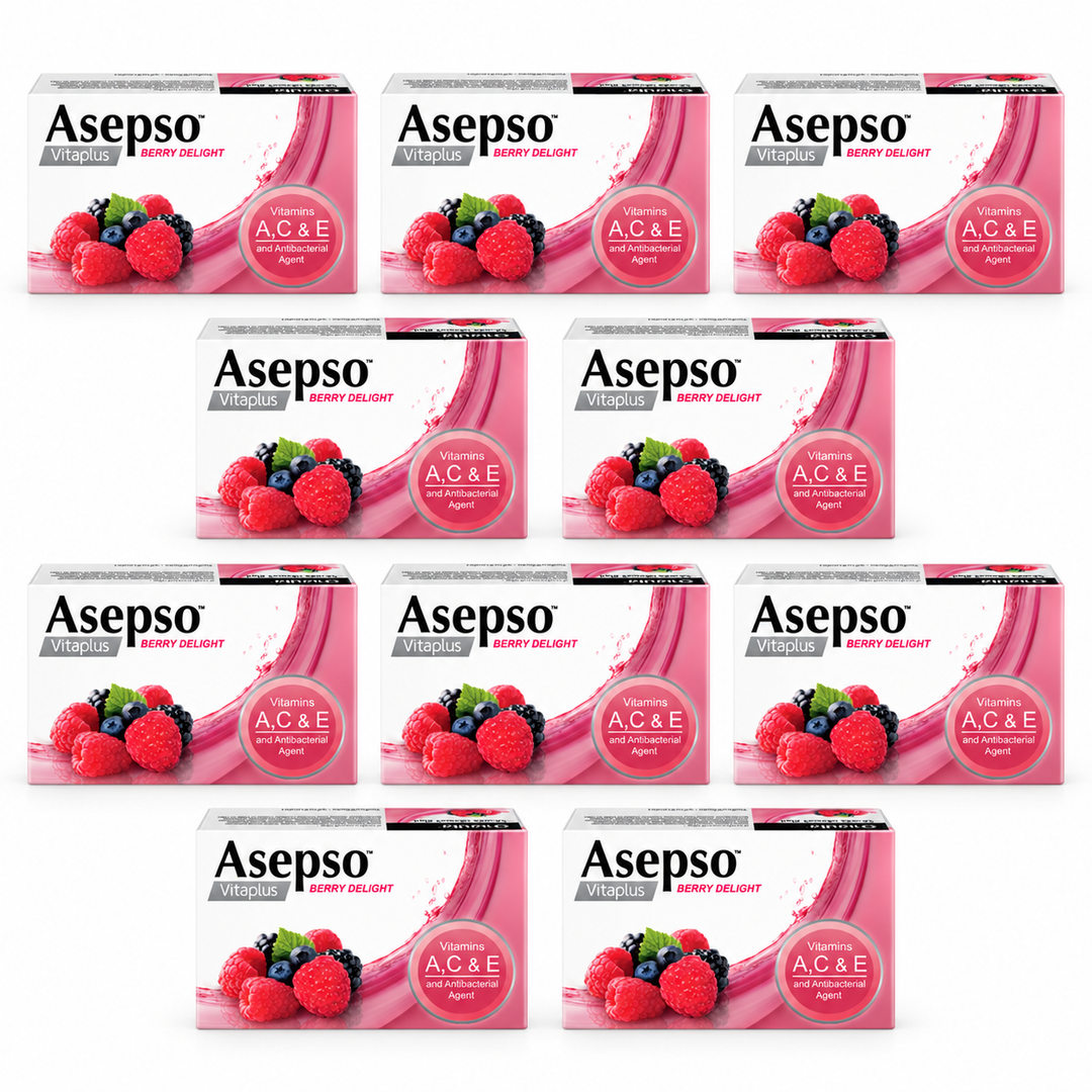 Asepso Vitaplus Berry Delight soap 70 g, 10 individually boxed bars on a white background