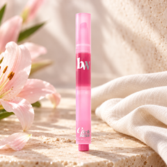beWiLD Click Kiss Melting Lip, shade 01 Lily Lush, on a sunlit beauty vanity