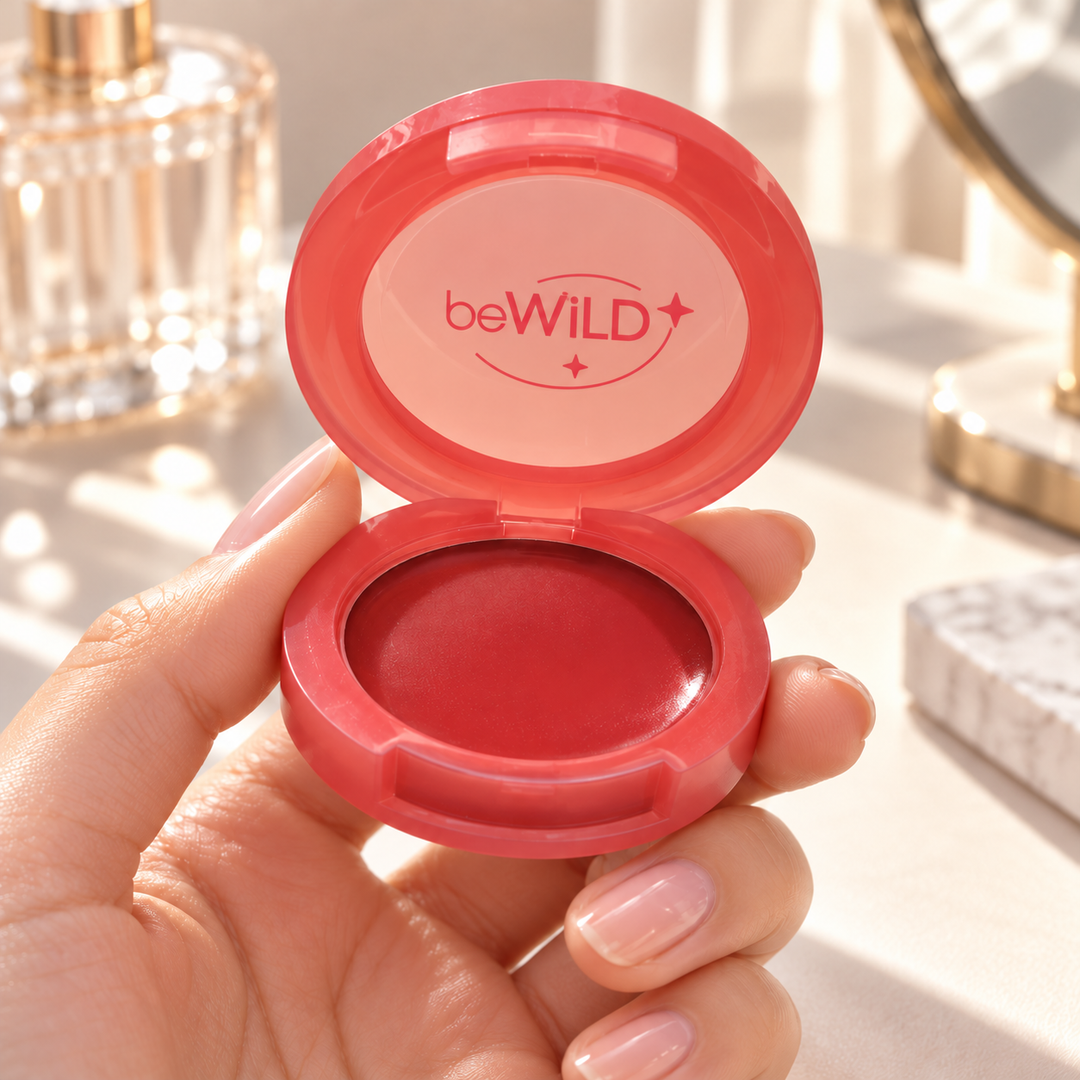 beWiLD Fruity Balm, shade 01 Tomato, held in a hand at a beauty vanity