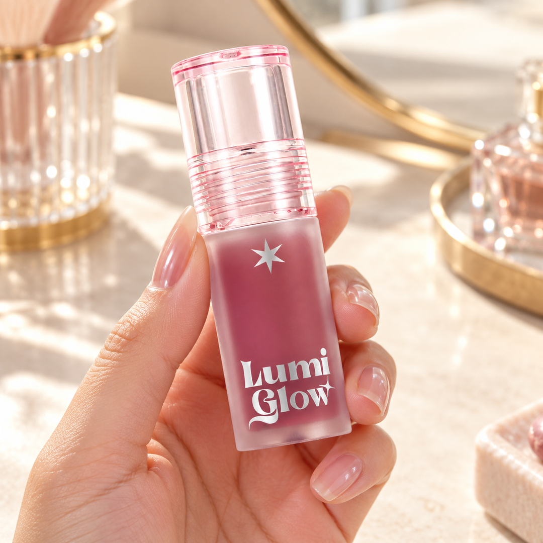 beWiLD Lumi Glow Lip Tint Oil, shade 01 Nudy Fig, held in a hand at a beauty vanity