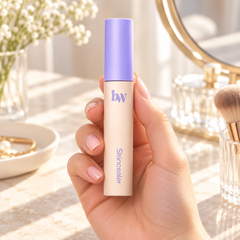 beWiLD Skincealer Concealer 6 g, shade 01 Nude held in a hand at a beauty vanity