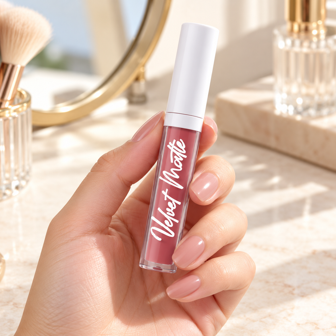 beWiLD Velvet Matte Lip, shade 03 Rosewood, held in a hand at a beauty vanity