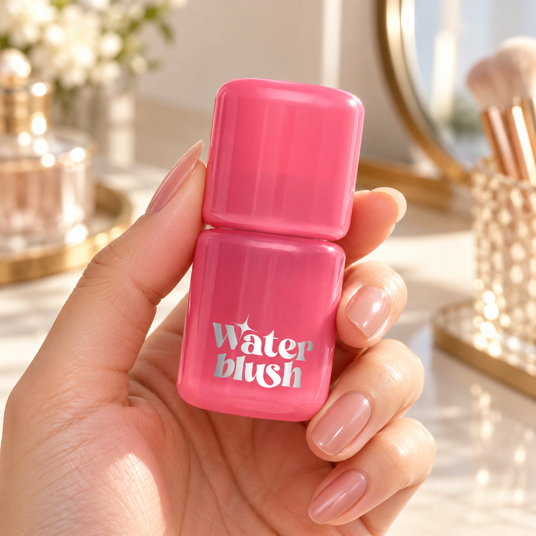 beWiLD Dewy Liquid Water Blush, shade 01 Sunset Rose, held in a hand at a beauty vanity