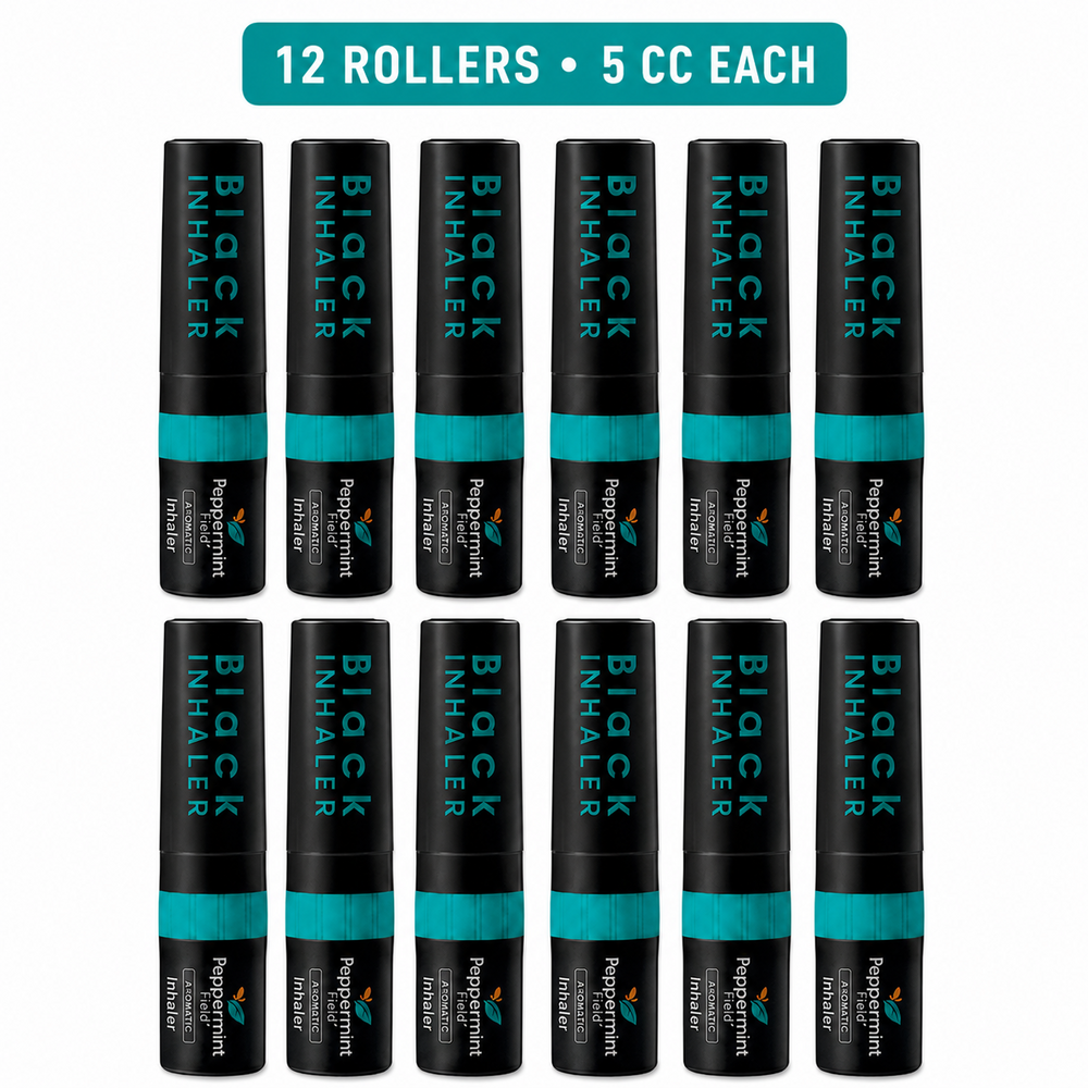 Twelve Peppermint Field Black Inhaler Rollers, 5 cc each