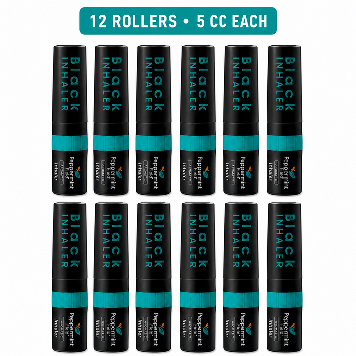 Twelve Peppermint Field Black Inhaler Rollers, 5 cc each