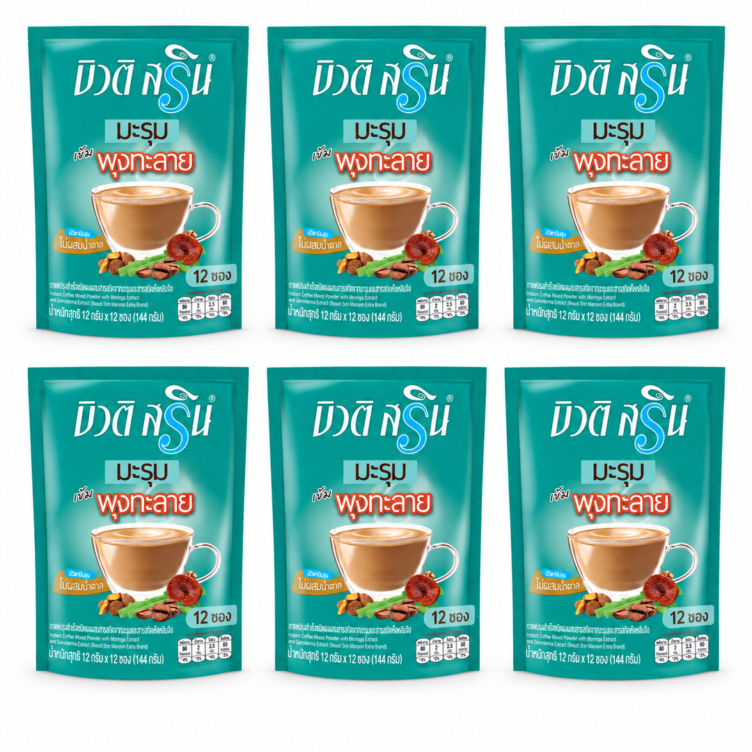 Beauti Srin Maroom Poontalai Moringa Coffee — 6 Packs | 12 × 12 g Sachets Each – 6 complete retail units