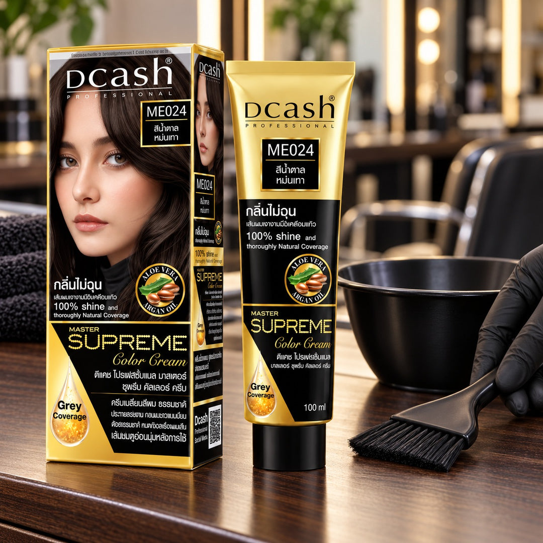 Dcash Master Supreme ME024 100 ml colour cream and carton at a salon preparation station