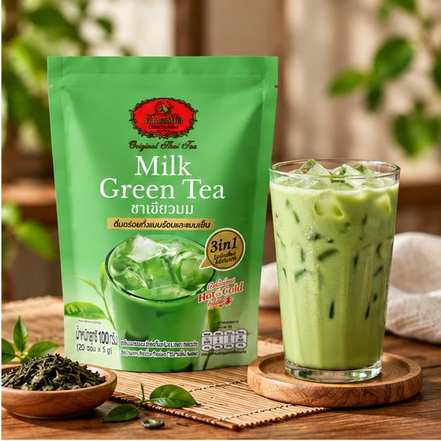 ChaTraMue Milk Green Tea 3-in-1 100 g — 2, 4 or 6 Pouches serving suggestion