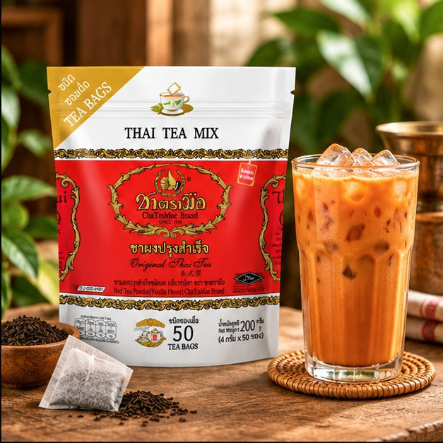 ChaTraMue Original Thai Tea — 50 Tea Bags — 2, 4 or 6 Pouches serving suggestion