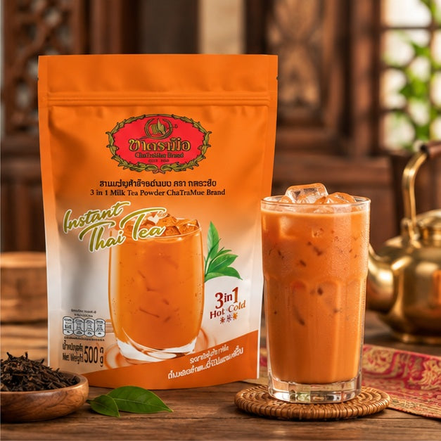 ChaTraMue Thai Tea 3-in-1 Instant Powder 500 g — 1 or 2 Pouches serving suggestion