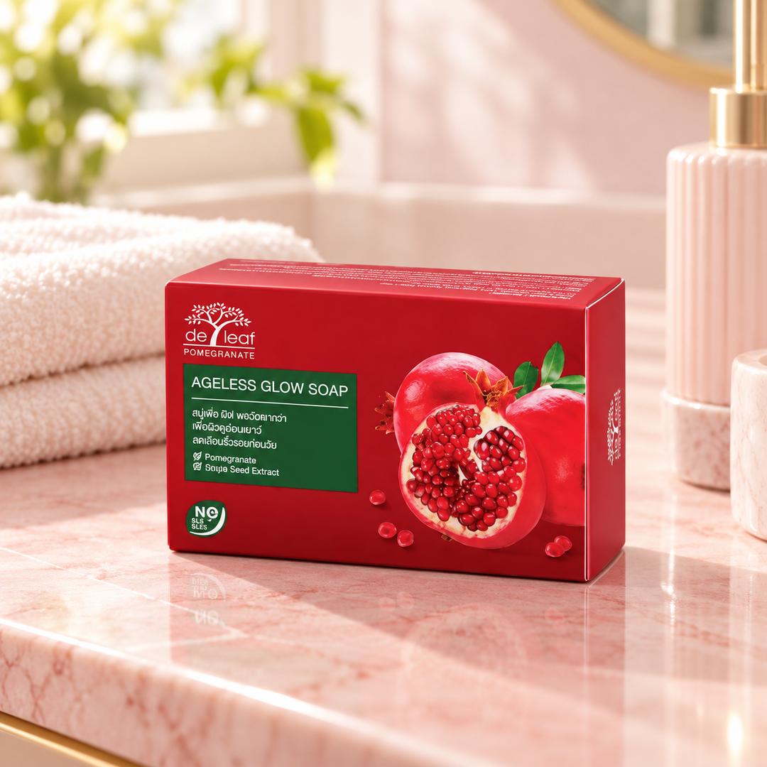 De Leaf Pomegranate Ageless Glow Soap 100g — supporting product image; pack contents stated in title