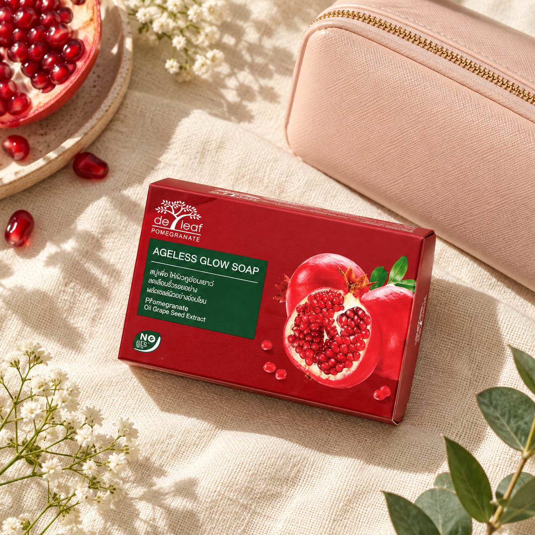De Leaf Pomegranate Ageless Glow Soap 100g — supporting product image; pack contents stated in title