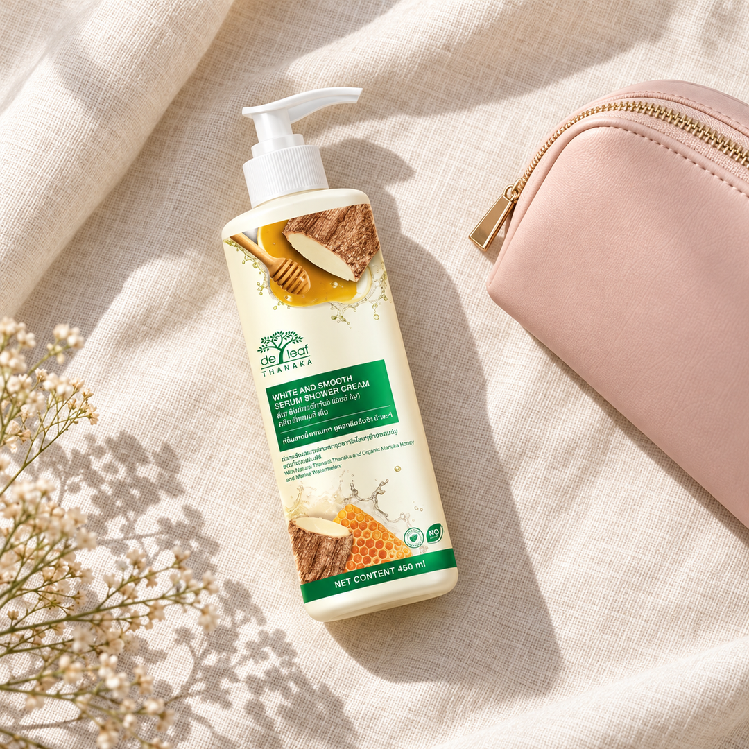 De Leaf Thanaka White & Smooth Serum Shower Cream 450 ml — supporting product image; pack contents stated in title