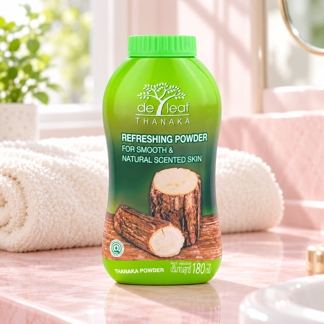 De Leaf Thanaka Refreshing Talcum Powder 180g — supporting product image; pack contents stated in title