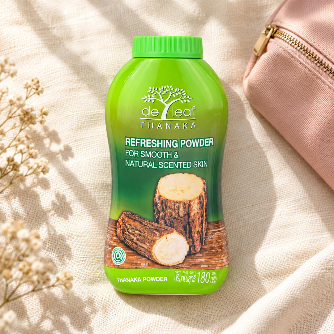 De Leaf Thanaka Refreshing Talcum Powder 180g — supporting product image; pack contents stated in title