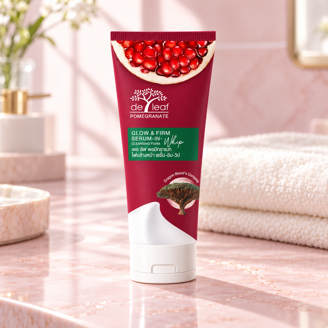 De Leaf Pomegranate Glow & Firm Serum-in-Whip Cleansing Foam 100g — supporting product image; pack contents stated in title