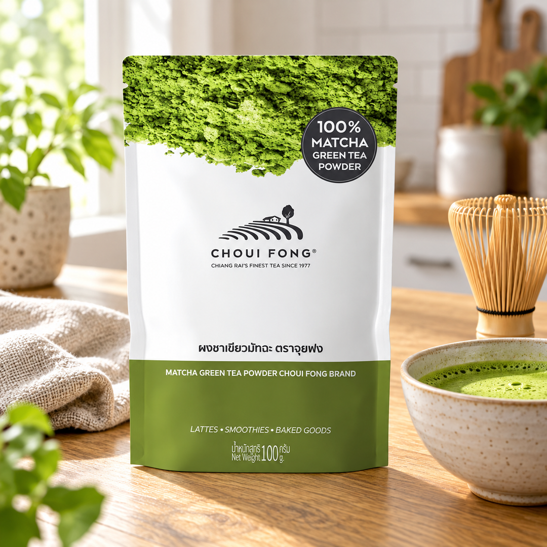 Choui Fong Matcha Green Tea Powder 100 g — supplementary product photograph; decorative props are not included
