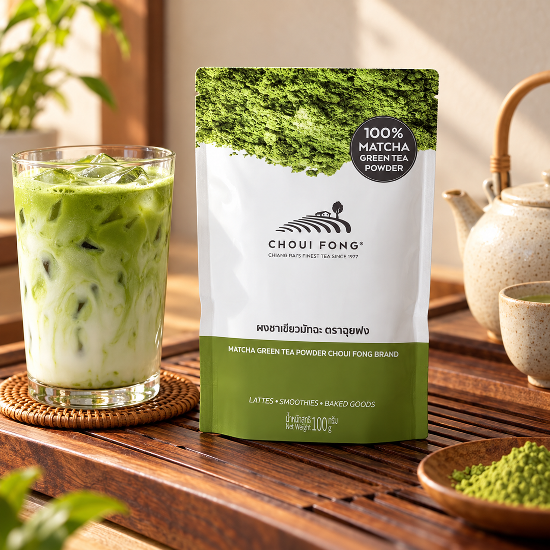 Choui Fong Matcha Green Tea Powder 100 g — supplementary product photograph; decorative props are not included