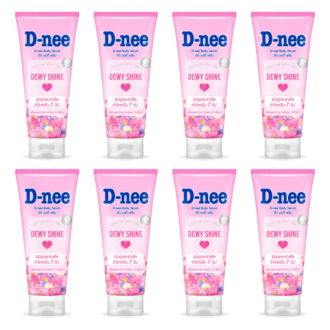 D-nee Body Serum — 170 ml | 8 Packs — 8 identical retail packages on a white background; selected formula Dewy Shine