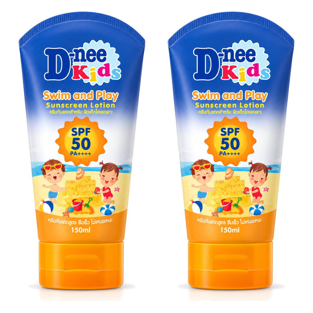 D-nee Kids Swim and Play Sunscreen SPF50 PA+++ — 150 ml | 2 Packs — 2 identical retail packages on a white background