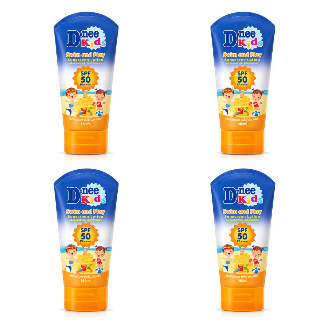 D-nee Kids Swim and Play Sunscreen SPF50 PA+++ — 150 ml | 4 Packs — 4 identical retail packages on a white background