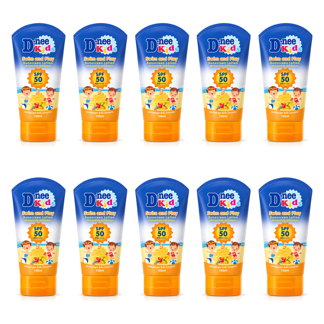 D-nee Kids Swim and Play Sunscreen SPF50 PA+++ — 150 ml | 10 Packs — 10 identical retail packages on a white background
