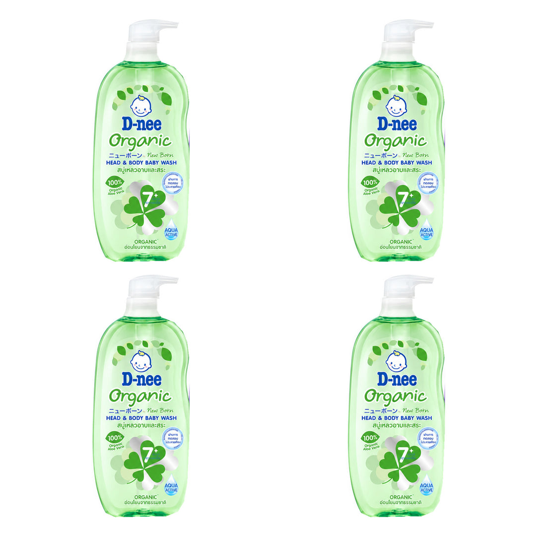 D-nee Organic Head & Body Baby Wash — 750 ml | 4 Packs — 4 identical retail packages on a white background; selected formula Organic Green