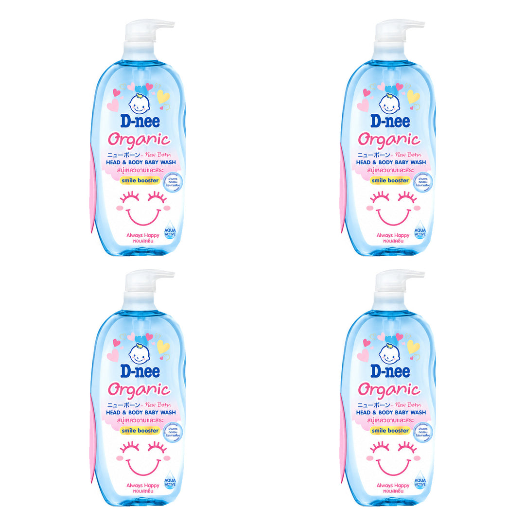 D-nee Organic Head & Body Baby Wash — 750 ml | 4 Packs — 4 identical retail packages on a white background; selected formula Always Happy