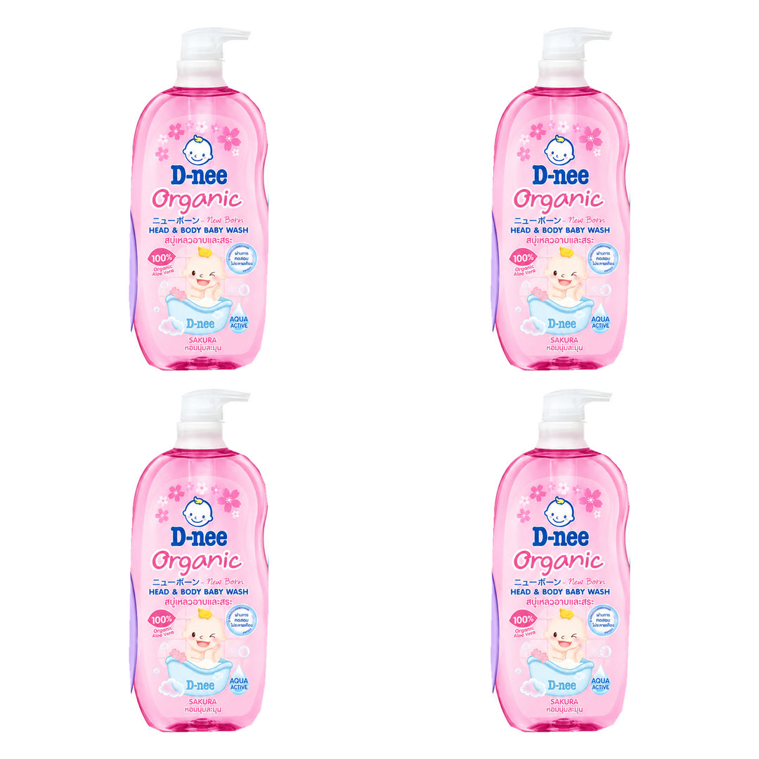 D-nee Organic Head & Body Baby Wash — 750 ml | 4 Packs — 4 identical retail packages on a white background; selected formula Sakura