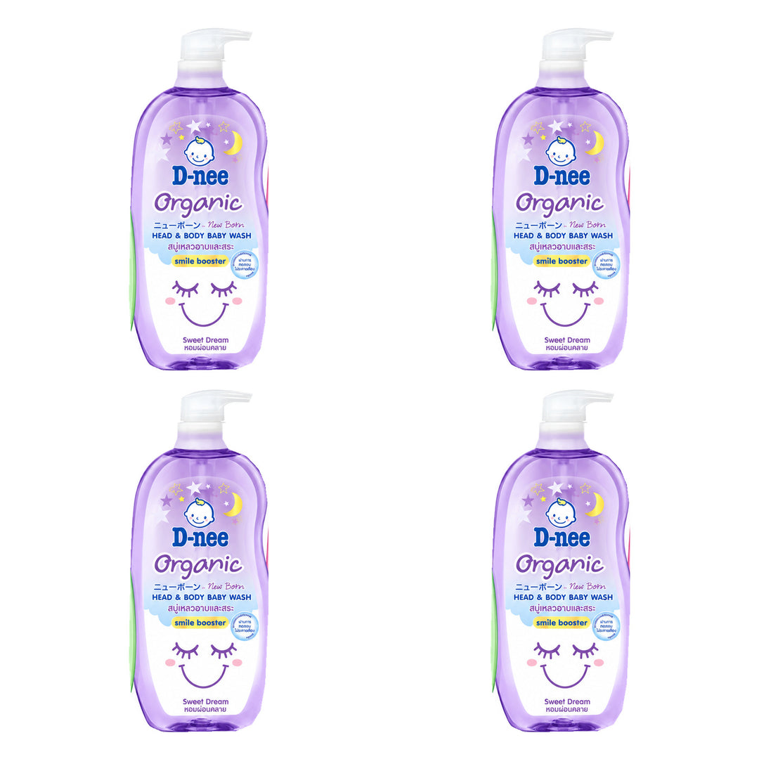 D-nee Organic Head & Body Baby Wash — 750 ml | 4 Packs — 4 identical retail packages on a white background; selected formula Sweet Dream