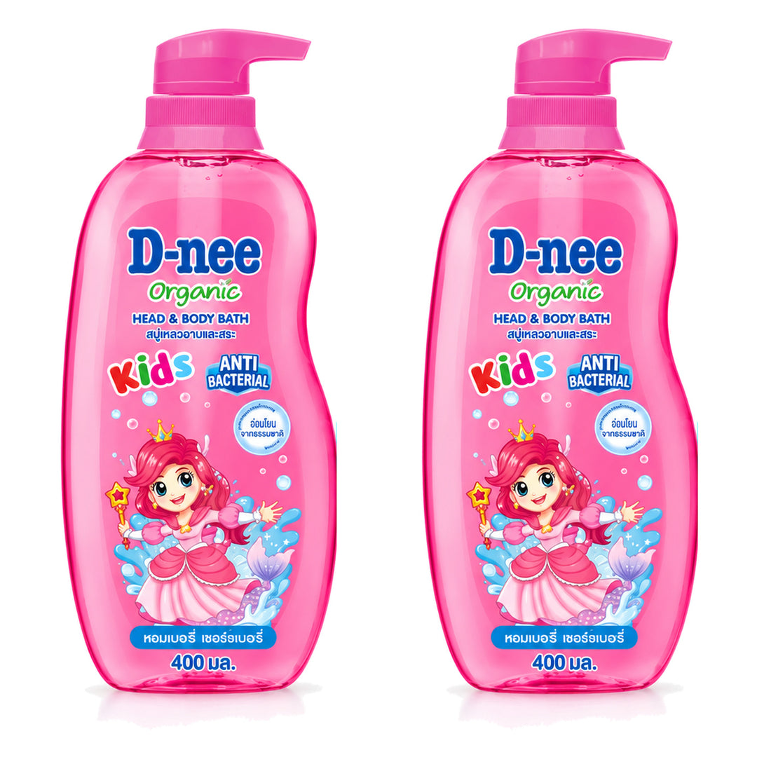 D-nee Kids Organic Head & Body Bath — 400 ml | 2 Packs — 2 identical retail packages on a white background; selected formula Cherry Berry