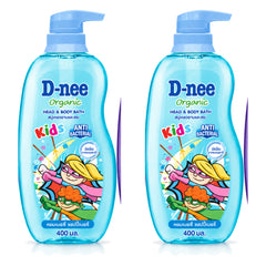 D-nee Kids Organic Head & Body Bath — 400 ml | 2 Packs — 2 identical retail packages on a white background; selected formula Happy Berry