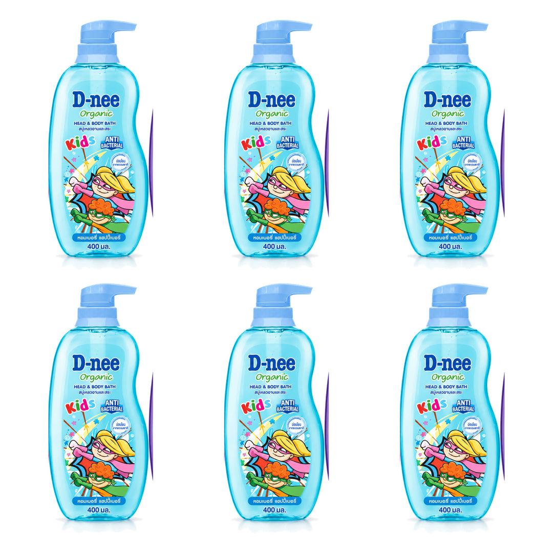 D-nee Kids Organic Head & Body Bath — 400 ml | 6 Packs — 6 identical retail packages on a white background; selected formula Happy Berry