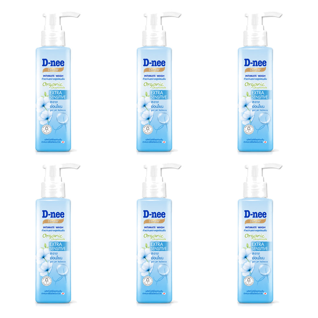 D-nee Deluxe Intimate Wash — 130 ml | 6 Packs — 6 identical retail packages on a white background; selected formula Extra Moisturizer