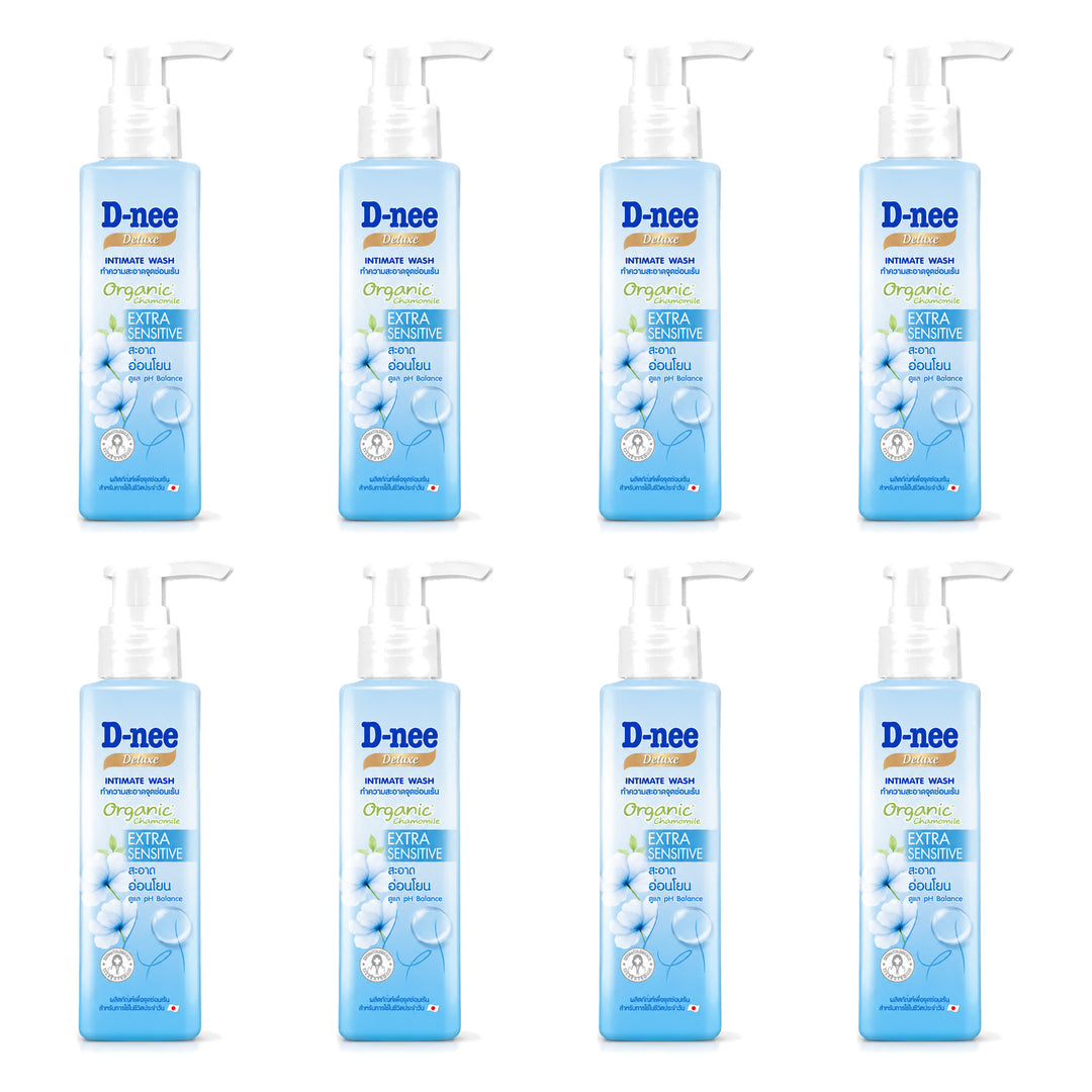D-nee Deluxe Intimate Wash — 130 ml | 8 Packs — 8 identical retail packages on a white background; selected formula Extra Moisturizer