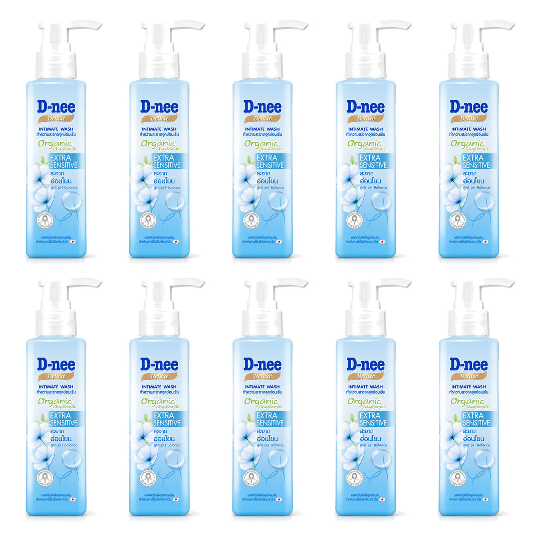 D-nee Deluxe Intimate Wash — 130 ml | 10 Packs — 10 identical retail packages on a white background; selected formula Extra Moisturizer