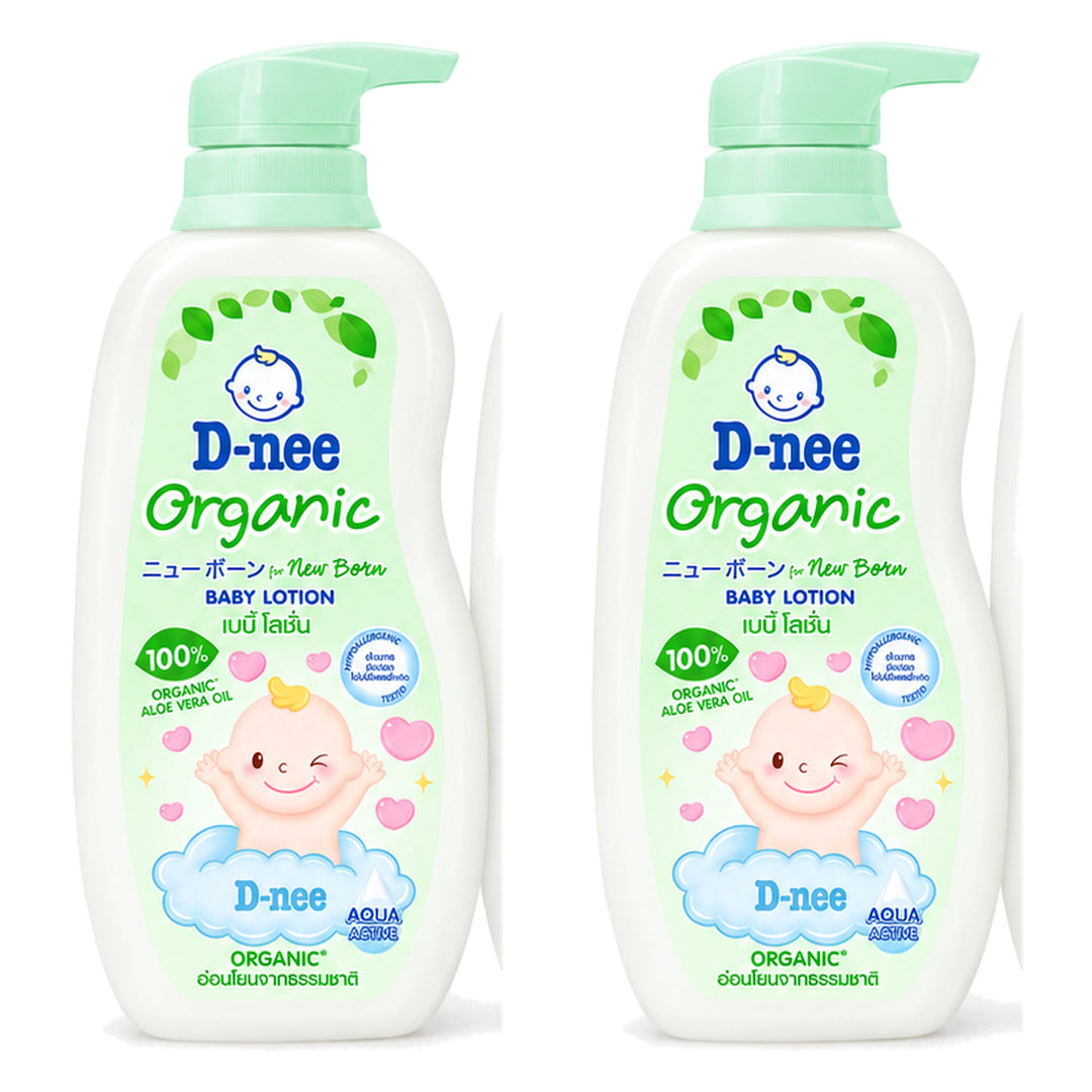 D-nee Organic Baby Lotion — 400 ml | 2 Packs — 2 identical retail packages on a white background; selected formula Organic Green