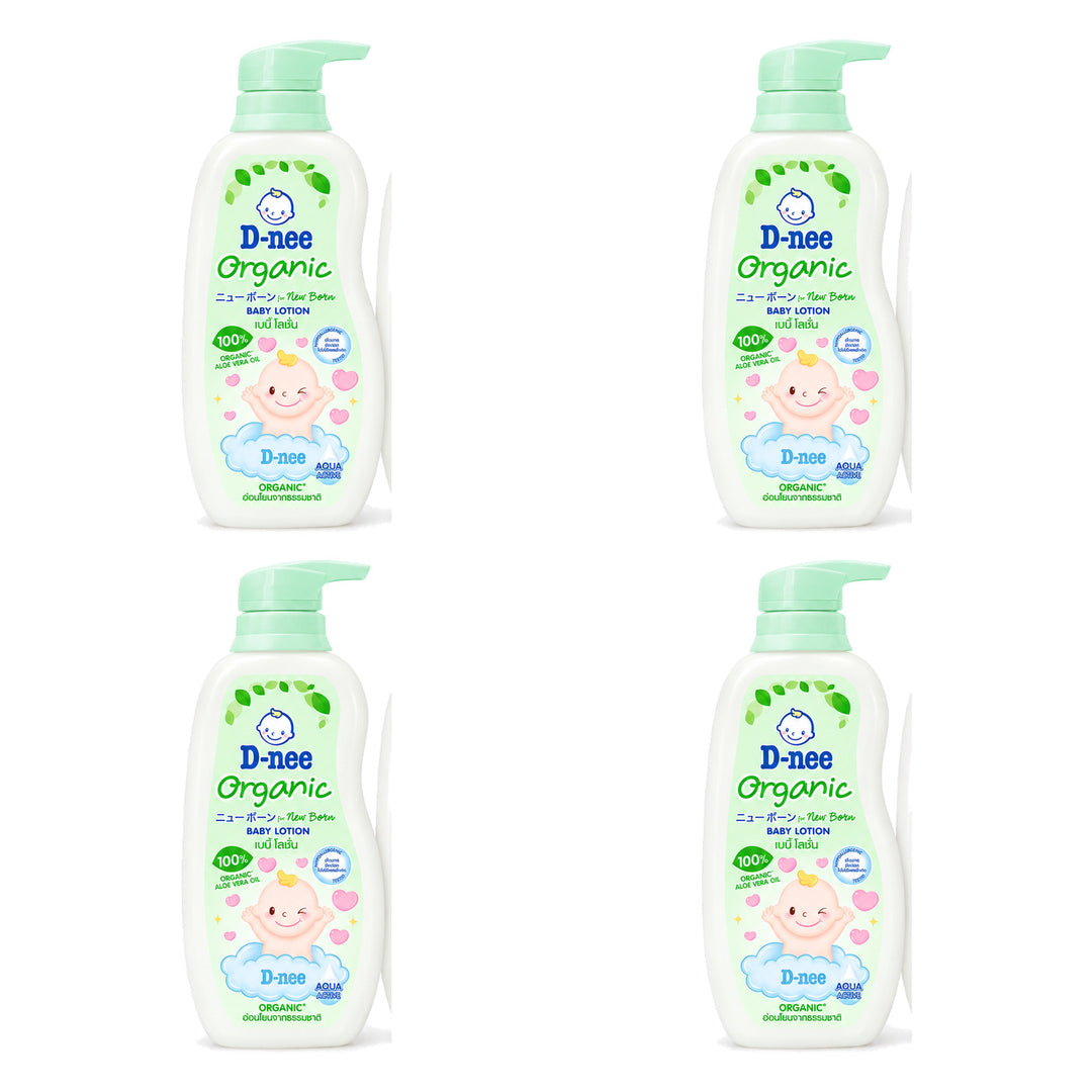 D-nee Organic Baby Lotion — 400 ml | 4 Packs — 4 identical retail packages on a white background; selected formula Organic Green