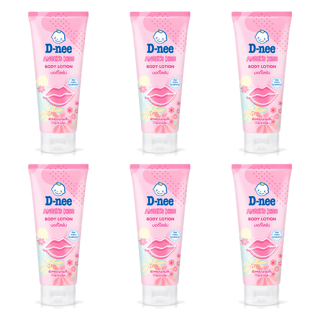 D-nee Body Lotion — 180 ml | 6 Packs — 6 identical retail packages on a white background; selected formula Angel Kiss