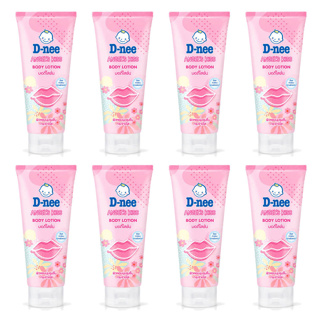 D-nee Body Lotion — 180 ml | 8 Packs — 8 identical retail packages on a white background; selected formula Angel Kiss