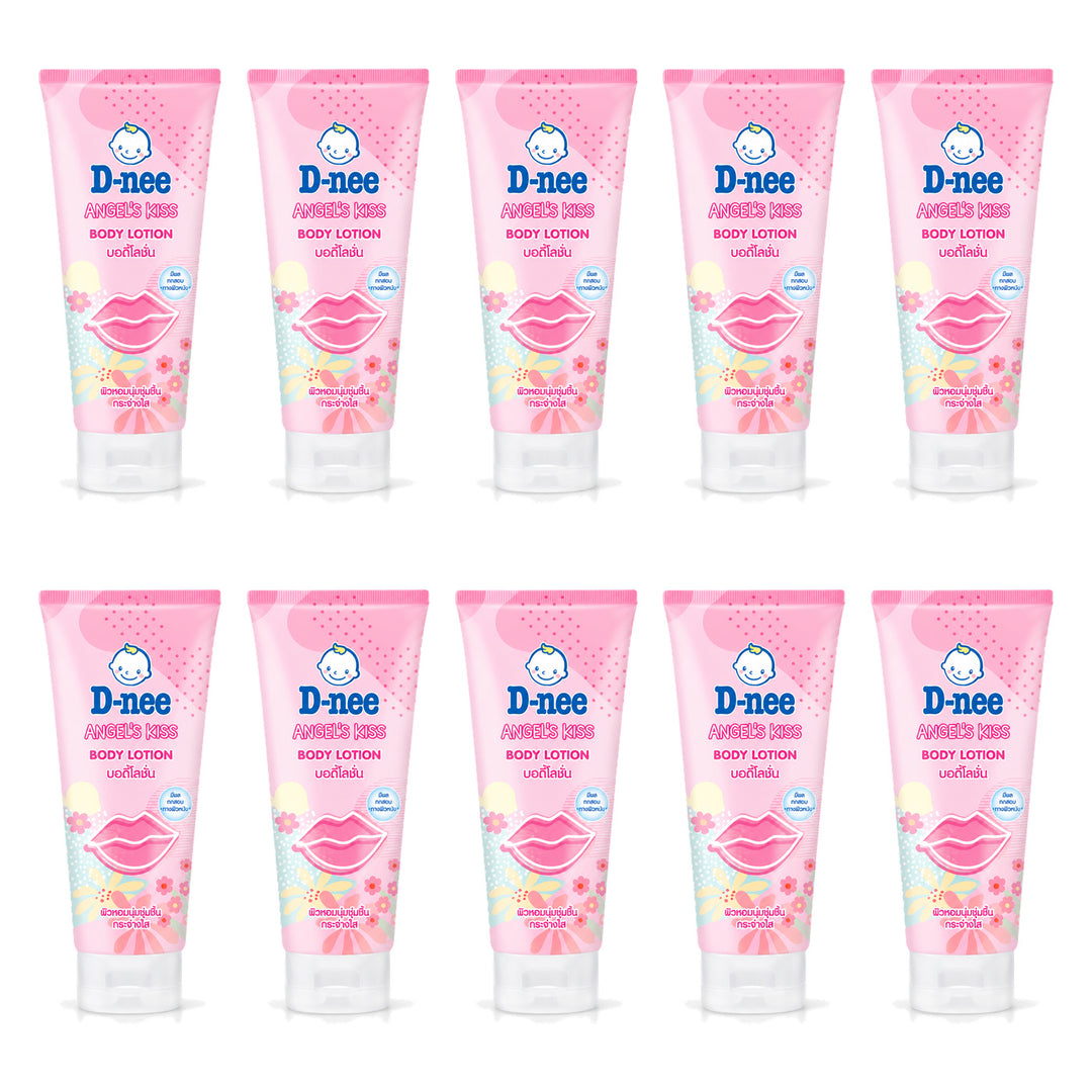 D-nee Body Lotion — 180 ml | 10 Packs — 10 identical retail packages on a white background; selected formula Angel Kiss
