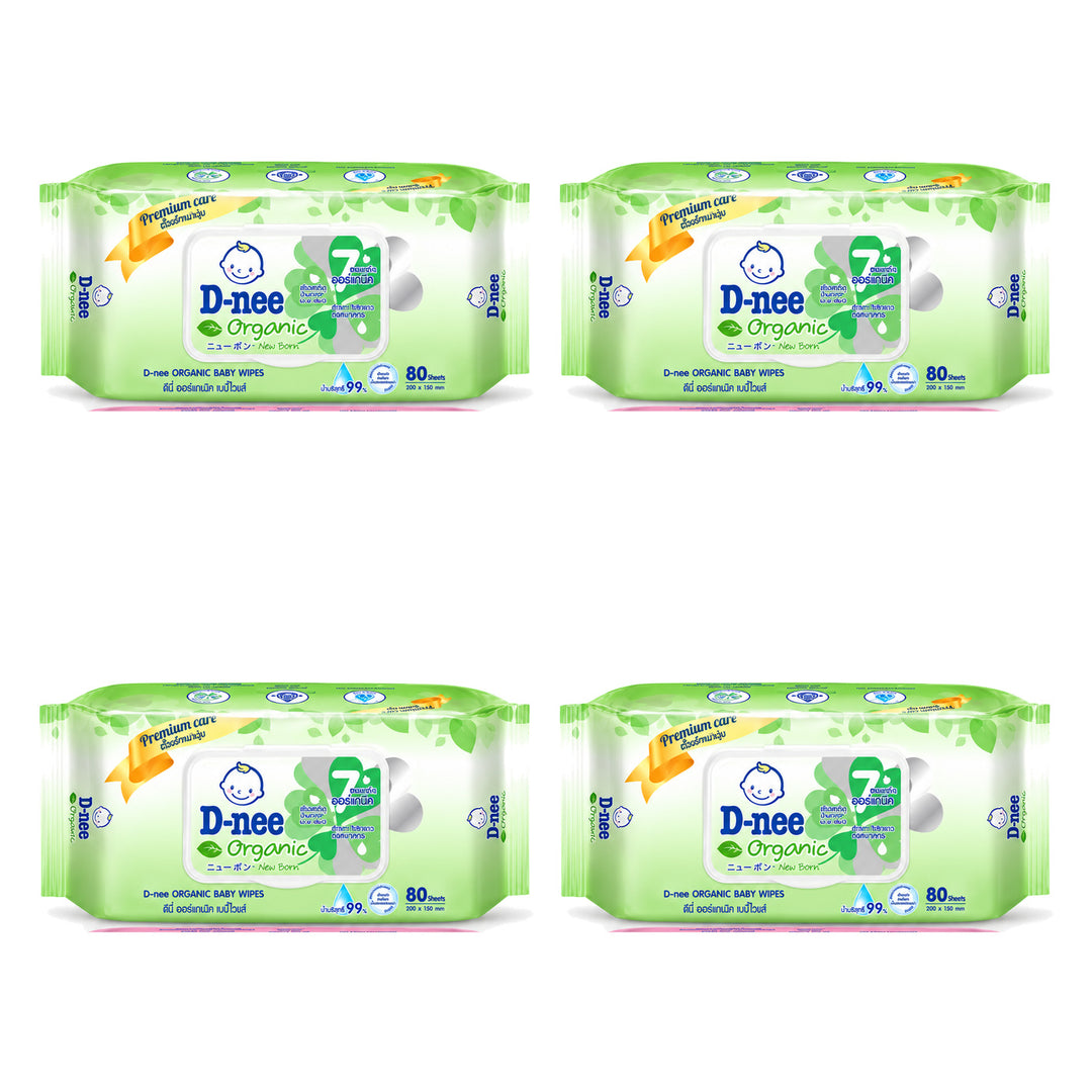 D-nee Organic Baby Wipes — 80 Sheets | 4 Packs — 4 identical retail packages on a white background; selected formula Organic Green
